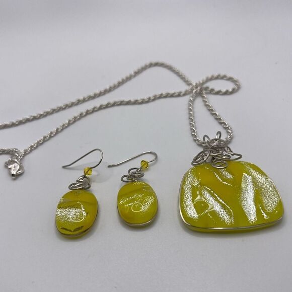 Yellow & Silver Dichroic Pendant Necklace & Earring Set. 925 Sterling Chain - Picture 1 of 11
